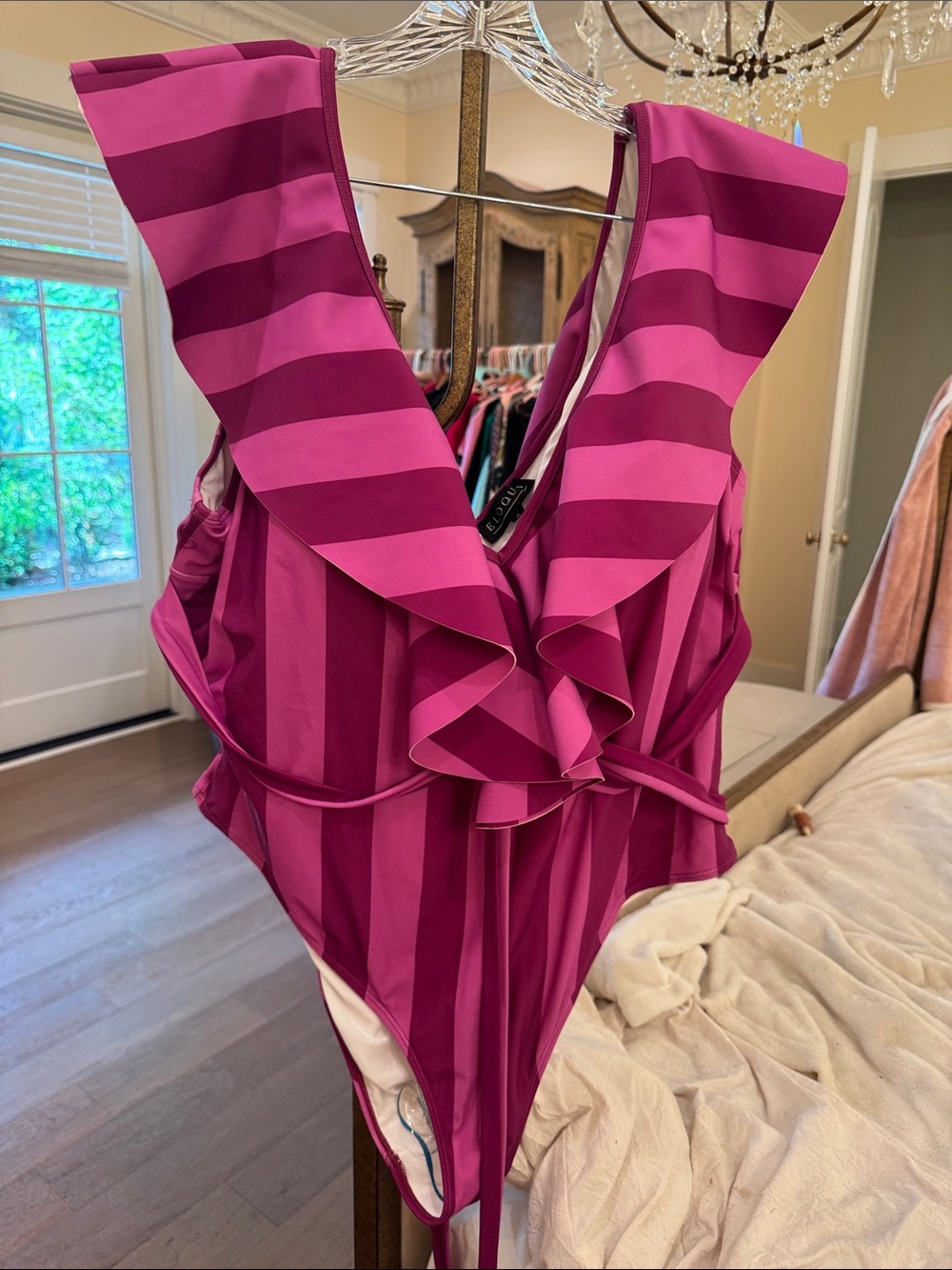 Eloquii Plus-Size Ruffled One-Piece in Fuchsia and Magenta Stripes